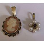 9ct gold seed pearl and garnet pendant H 16 mm weight 0.8 g & a 9ct gold cameo pendant H 25 cm