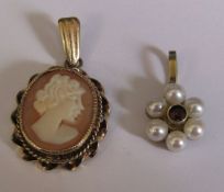 9ct gold seed pearl and garnet pendant H 16 mm weight 0.8 g & a 9ct gold cameo pendant H 25 cm