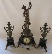 Late 19th /early 20th century marble and spelter French clock garniture 'Mandoline' H 64 cm (chip to