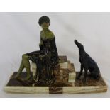 Art Deco spelter lady and dog on onyx  / marble base 37cm wide x 13cm deep