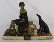 Art Deco spelter lady and dog on onyx  / marble base 37cm wide x 13cm deep