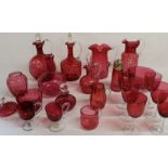 Selection of cranberry glass including decanters, jugs & set of 6 wine glasses etc.