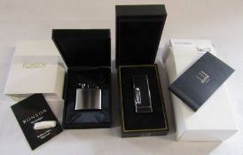 Boxed Dunhill Rollagas black resin D pattern lighter and a Ronson nostalgia lighter