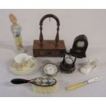 Various items inc pocket watch stands, cup and saucer, pocket barometer, fob watch, hairbrush etc