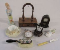 Various items inc pocket watch stands, cup and saucer, pocket barometer, fob watch, hairbrush etc