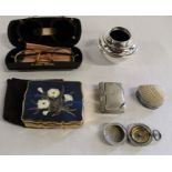 Stratton musical compact, vintage reading glasses, clip on sunglasses, compass, shell trinket pot