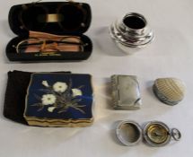 Stratton musical compact, vintage reading glasses, clip on sunglasses, compass, shell trinket pot