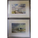 Pair of large framed limited edition by Denis Patchett of 'small boats in a haven' and 'calm