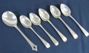 5 Georgian silver dessert spoons London 1791 with engraved decoration and a Art & Crafts soup