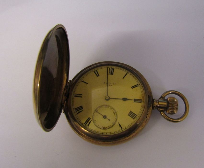 Elgin USA full hunter gold plated pocket watch with champagne dial, 'Presented to Mr Tom Spence by