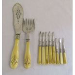 Silver bladed Walker & Hall 1872 fish servers - 3 small silver 1844 Chawner & Co nut picks and 5