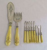 Silver bladed Walker & Hall 1872 fish servers - 3 small silver 1844 Chawner & Co nut picks and 5