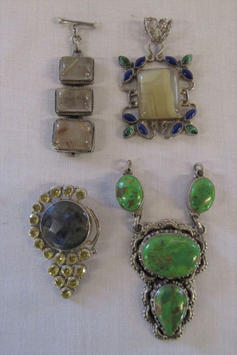 4 silver gemstone pendants (largest 8.5 cm) total weight 3.67 ozt