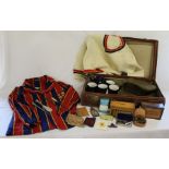 Leather suitcase with contents - to include boot hook and shoe horn (silver handle) - coins -