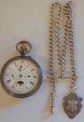 Acier Garanti calendar pocket watch in a gun metal case with a silver chain & fob