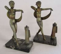 Pair of spelter Art Deco figures on marble plinths - H 27cm