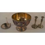 Silver plate punch bowl with mounted Georgian coins, pair of silver plate candle sticks & a