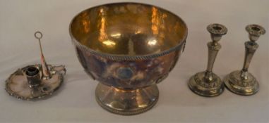 Silver plate punch bowl with mounted Georgian coins, pair of silver plate candle sticks & a