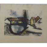 Modernist European limited edition abstract print no 117/200 of a village street scene c.1960/70s