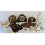 3 mantel clocks, Parian figurine (af) Victorian teapot, part tea service etc