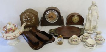 3 mantel clocks, Parian figurine (af) Victorian teapot, part tea service etc