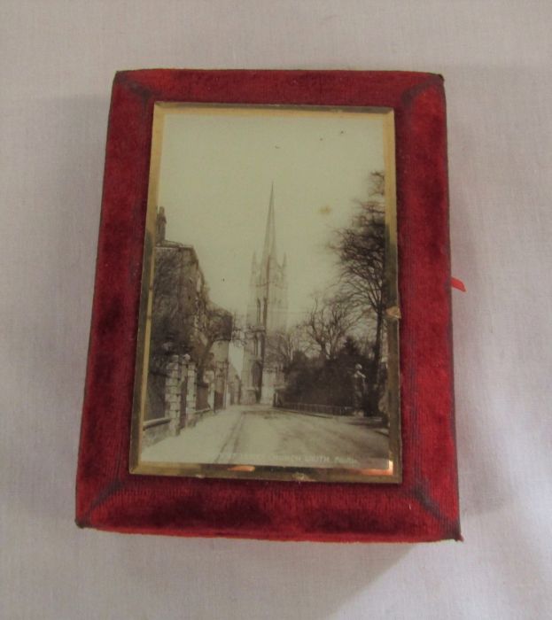 Early 20th century velvet jewellery casket with picture of St James church Louth 11 cm x 14.5 cm x - Image 2 of 4