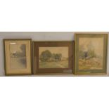 2 framed landscape watercolours & a pencil drawing of Alnwick castle