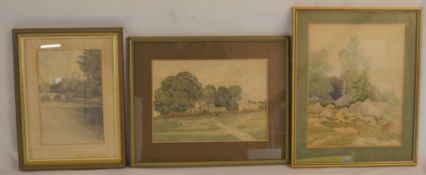 2 framed landscape watercolours & a pencil drawing of Alnwick castle