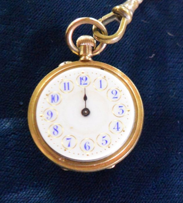 AMENDED DESCRIPTION Small gold fob watch marked 18K missing minute hand, total weight 27.4 g with - Image 6 of 6