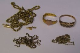 Various scrap gold - 9ct ring and necklace 2.1 g, 22ct gold ring 1.9 g, 14 ct necklace 7.4 g