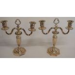 Pair of silver plate 2 branch French candlesticks Ht 26cm (one with slightly bent base)