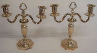 Pair of silver plate 2 branch French candlesticks Ht 26cm (one with slightly bent base)