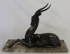 Art Deco spelter seated gazelle on marble base 35cm wide x 12cm deep