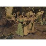 Large early 20th century crystoleum of young ladies in a park signed W Menzler by Franz