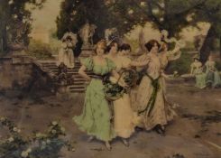 Large early 20th century crystoleum of young ladies in a park signed W Menzler by Franz