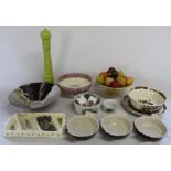 Mixed lot of ceramics - le crueset kitchenalia, alabaster fruit stand, wedgewood dish and coins