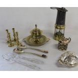 Decorative brass ink stand, 2 pairs of miniature brass candlesticks, silver plated mustard pot &