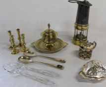 Decorative brass ink stand, 2 pairs of miniature brass candlesticks, silver plated mustard pot &