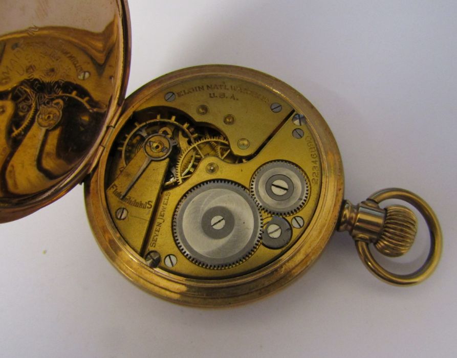 Elgin USA full hunter gold plated pocket watch with champagne dial, 'Presented to Mr Tom Spence by - Image 3 of 4
