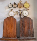 For spares or repairs - 2 gold plated pocket watches & a case, silver fob watch & a case, 2 wooden