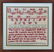 Framed Victorian sampler by Alice Annie Thompson dated 1877 44 cm x 41 cm (size including frame)