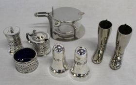 EPBM 3 piece cruet, Walker & Hall salt and pepper, plated jam pot and 2 silver plated riding boot