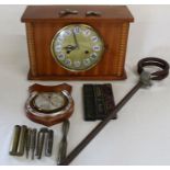 Oak cased mantel clock, aneroid barometer, shooting stick, cut throat razors, 2 brass oilers bearing