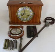 Oak cased mantel clock, aneroid barometer, shooting stick, cut throat razors, 2 brass oilers bearing