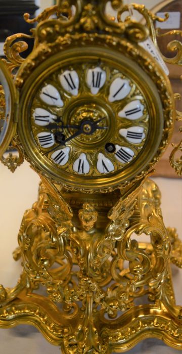 French gilded clock & candelabra garniture. Clock ht 44cm - Image 5 of 7