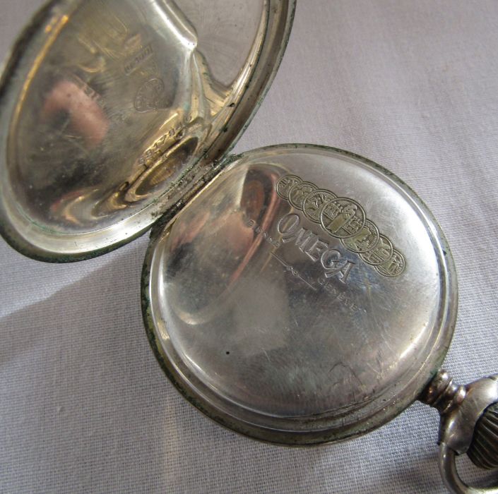 Omega silver (0.800) pocket watch, no 6033600 D 5.5 cm with white metal chain (some damage to - Image 2 of 3