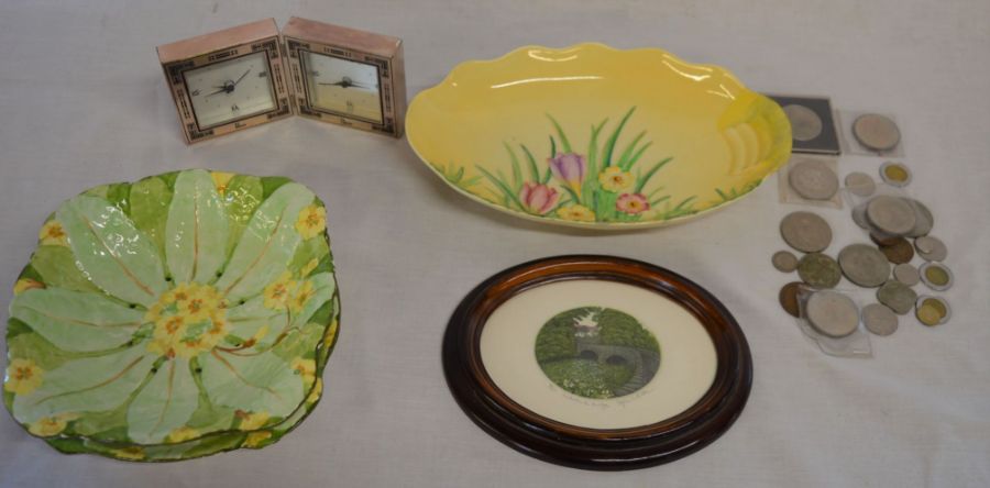 Primula Rubian salad bowl & dish, small framed print by Stephen Whitten, various coins & a clock