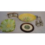 Primula Rubian salad bowl & dish, small framed print by Stephen Whitten, various coins & a clock