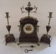 French rouge marble clock garniture H 46 cm L 21 cm D 12 cm (candlestick H 33.5 cm)