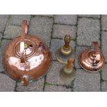 Large & small copper kettles & 2 school bells